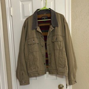 Vintage Woolrich Barn Coat Mens XL Chore Blanket Leather Collar in Dark Wheat